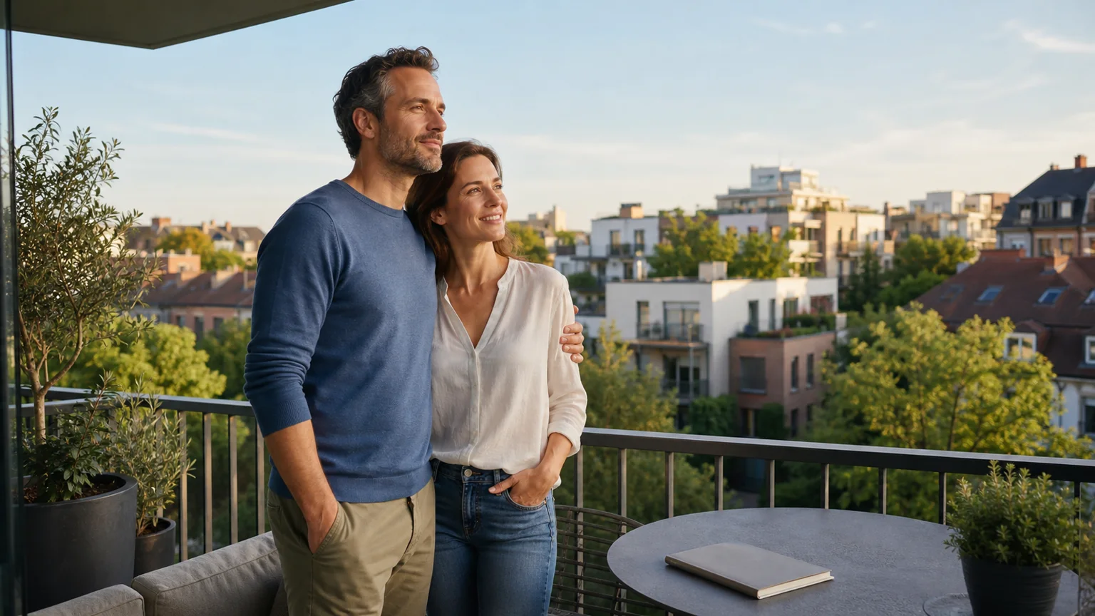 Paar blickt vom Balkon auf ein grünes Wohnviertel